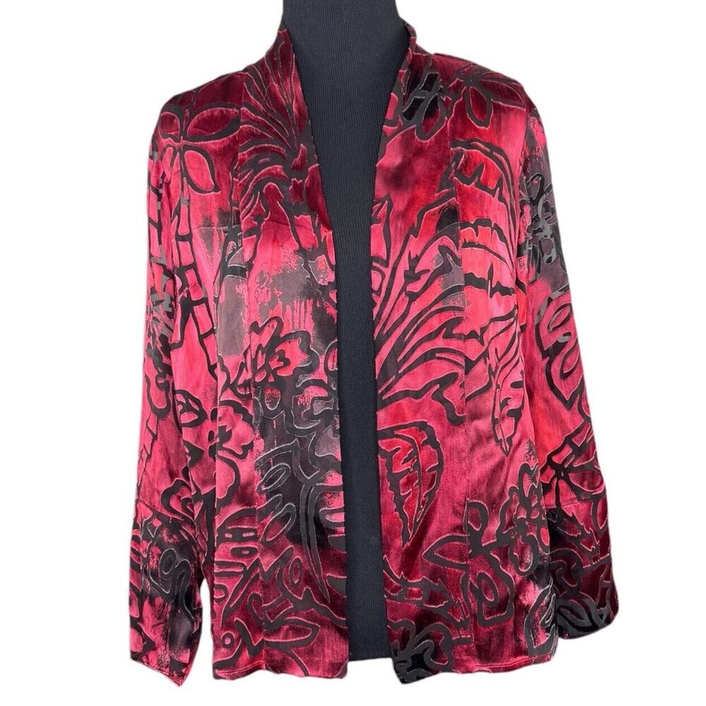 Vtg Laura Ashley Petite Sm Rich Red and Black Floral Burnout Jacket Topper EUC
